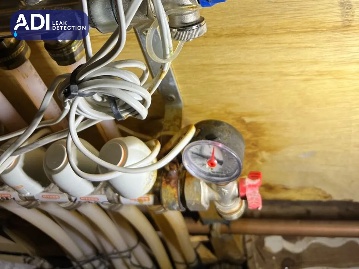 The manifold's pressure gauge and valves, with staining on the pipework